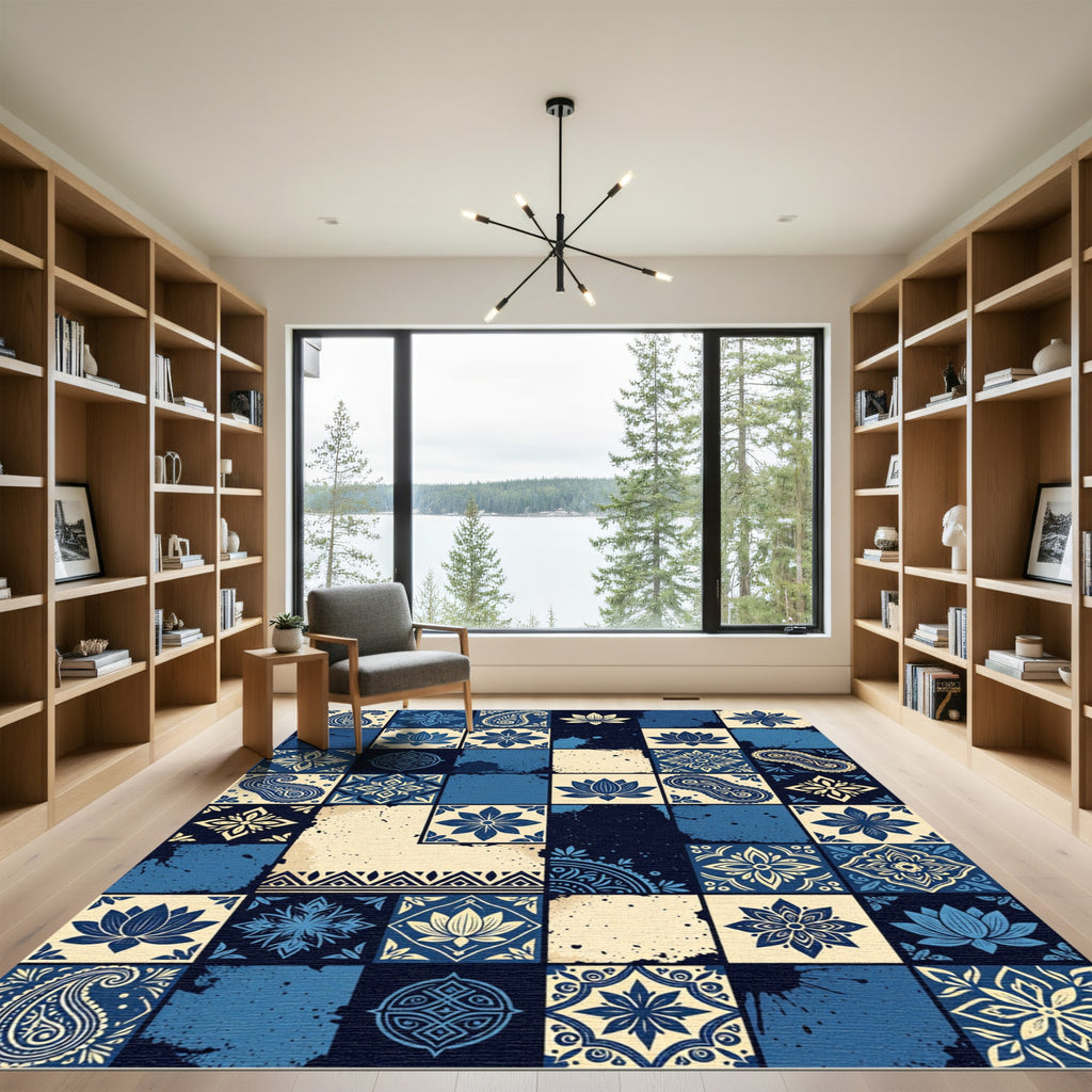 Blue Cream Paisley Lotus Tile Collage Rug