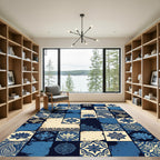 Blue Cream Paisley Lotus Tile Collage Rug
