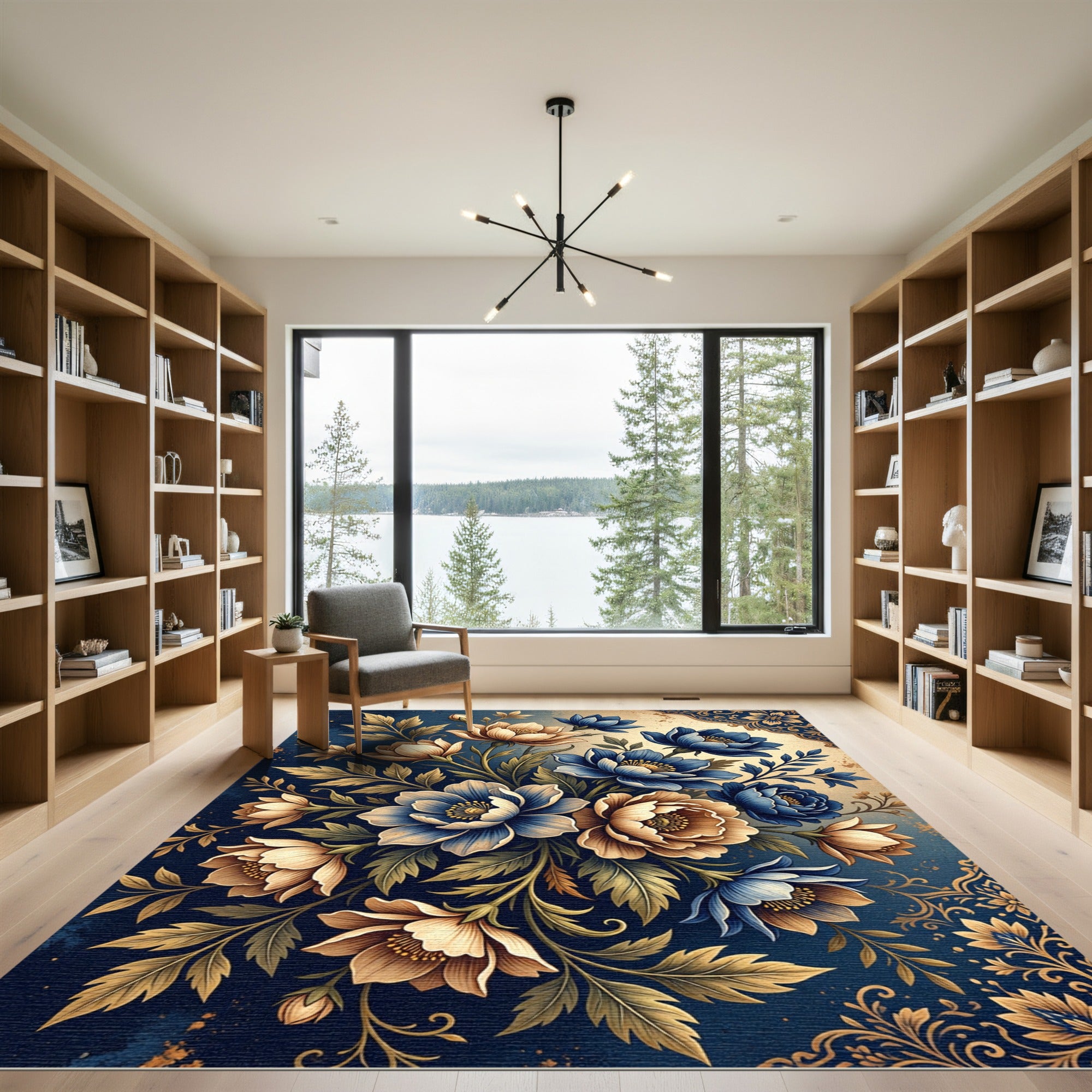 Elegant Navy and Gold Floral Bouquet Rug