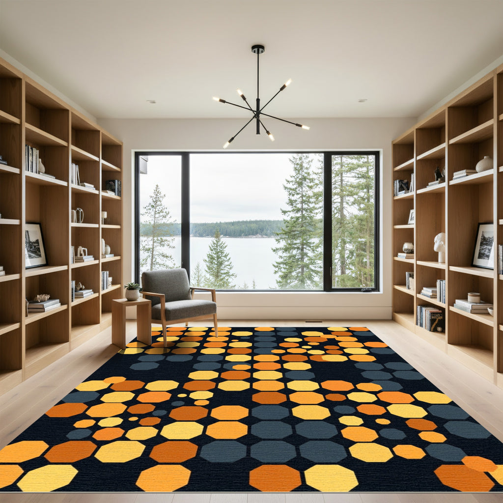 Modern Golden Octagon Geometric Grid Rug