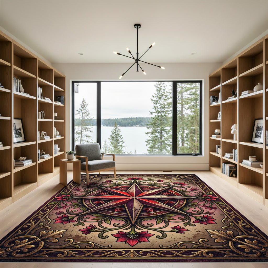 Vintage Crimson Floral Compass Medallion Rug