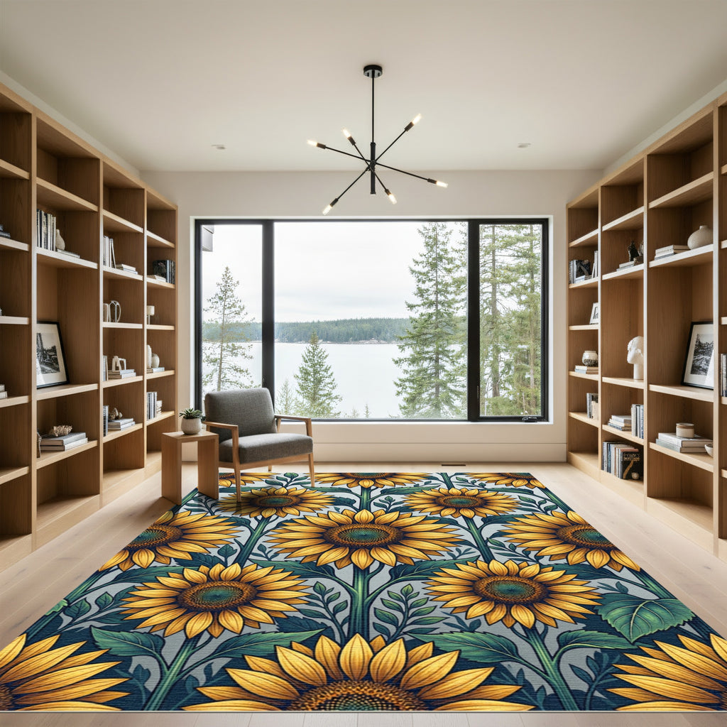 Radiant Golden Sunflower Botanical Illustration Rug