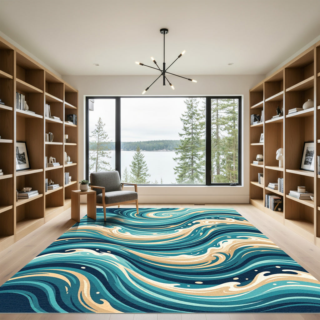Abstract Teal and Cream Swirling Waves Rug