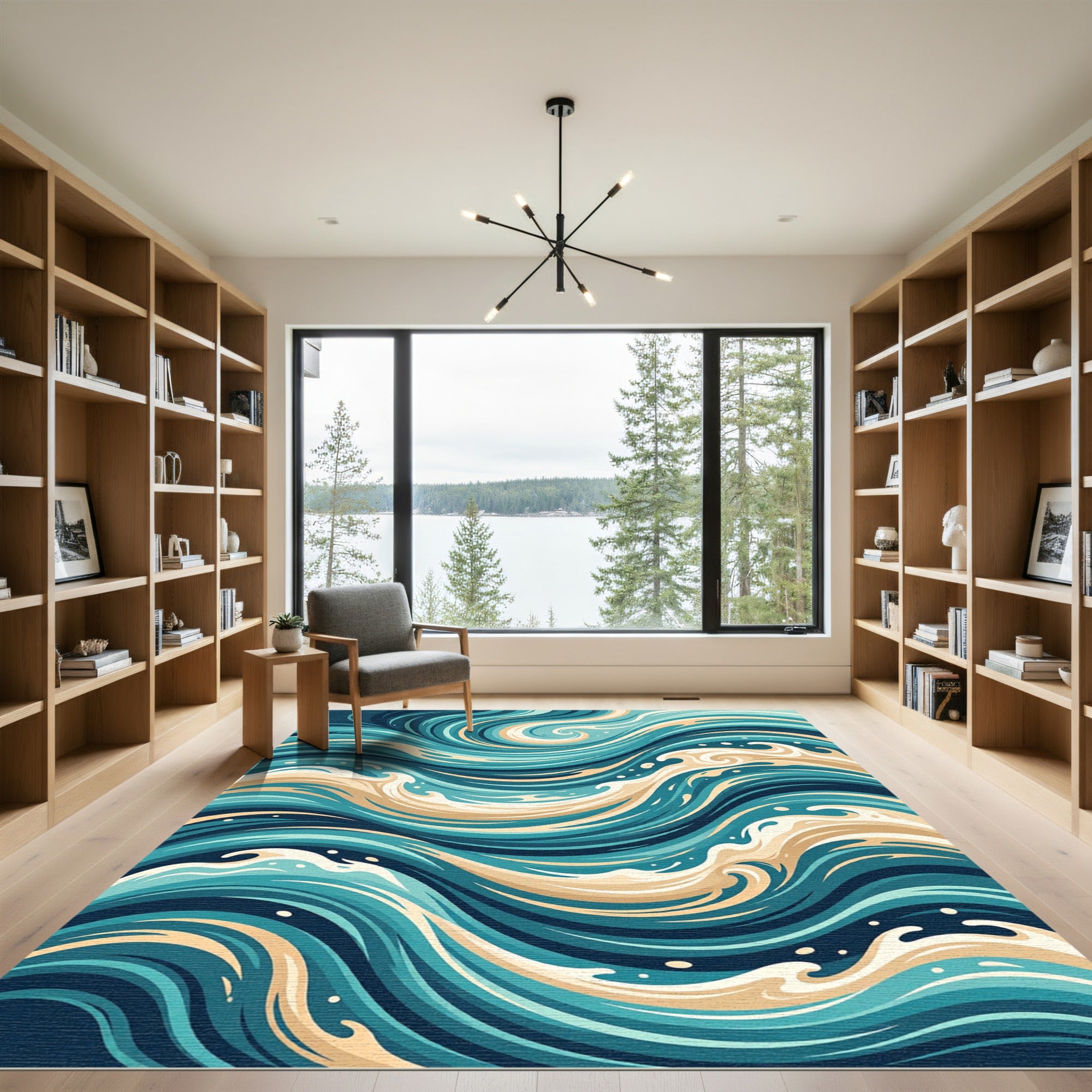 Abstract Teal and Cream Swirling Waves Rug