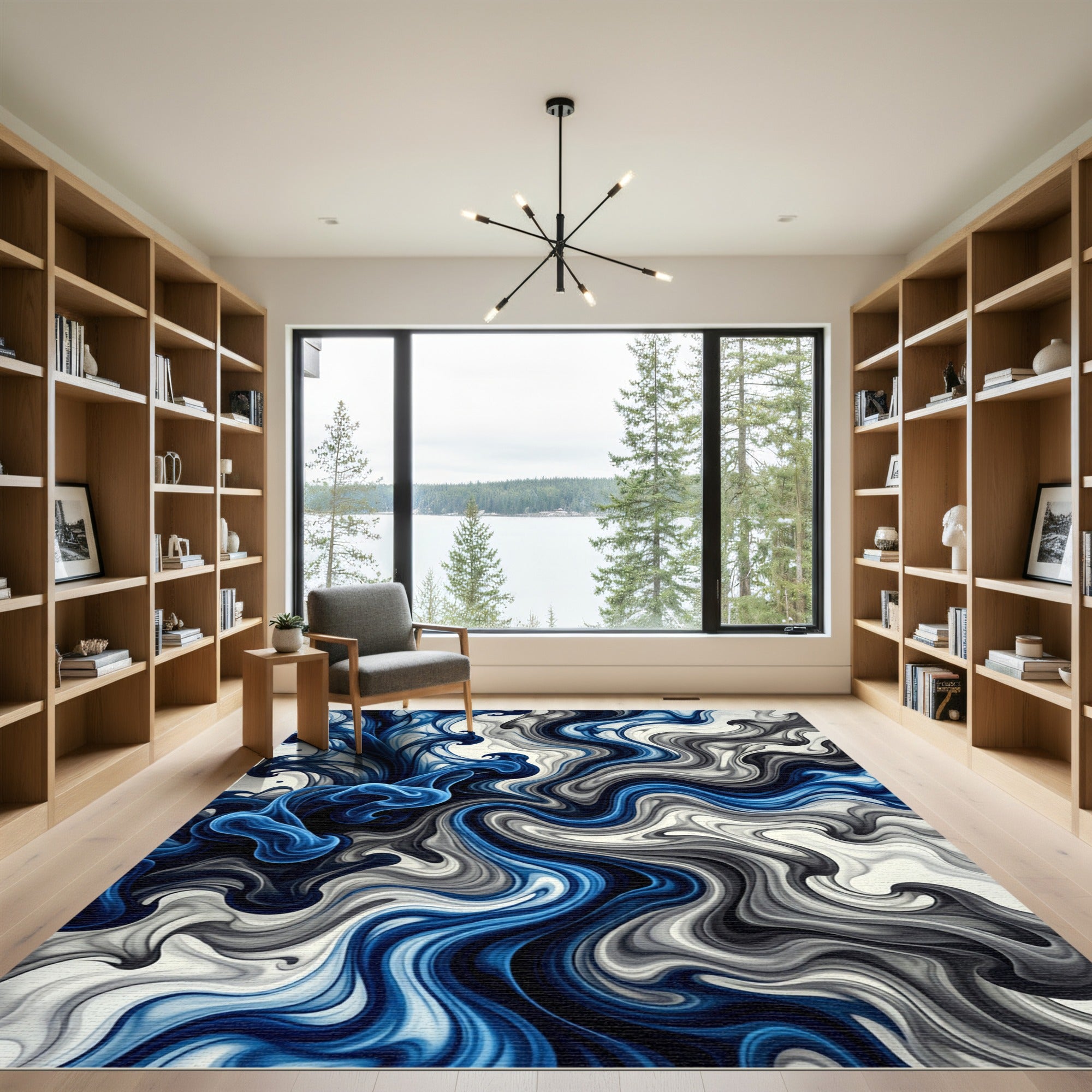 Deep Blue Ink Swirl Abstract Rug