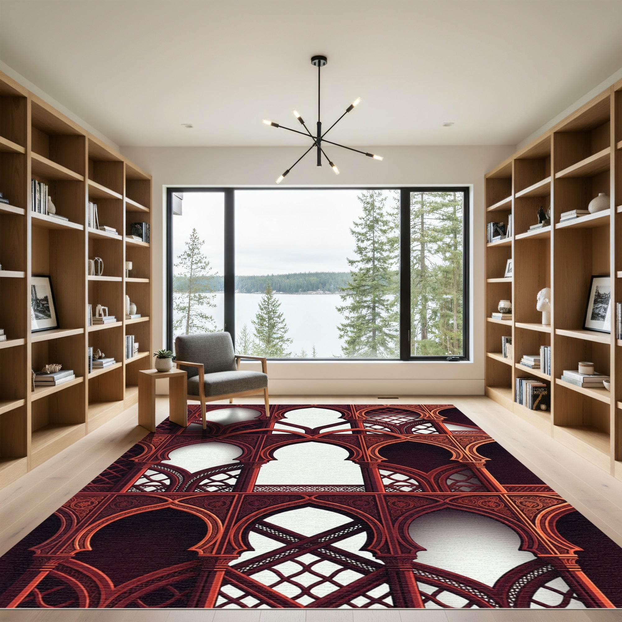 Intricate Crimson Moorish Arch Lattice Rug