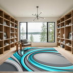 Modern Cyan and Silver Swirling Abstract Rug