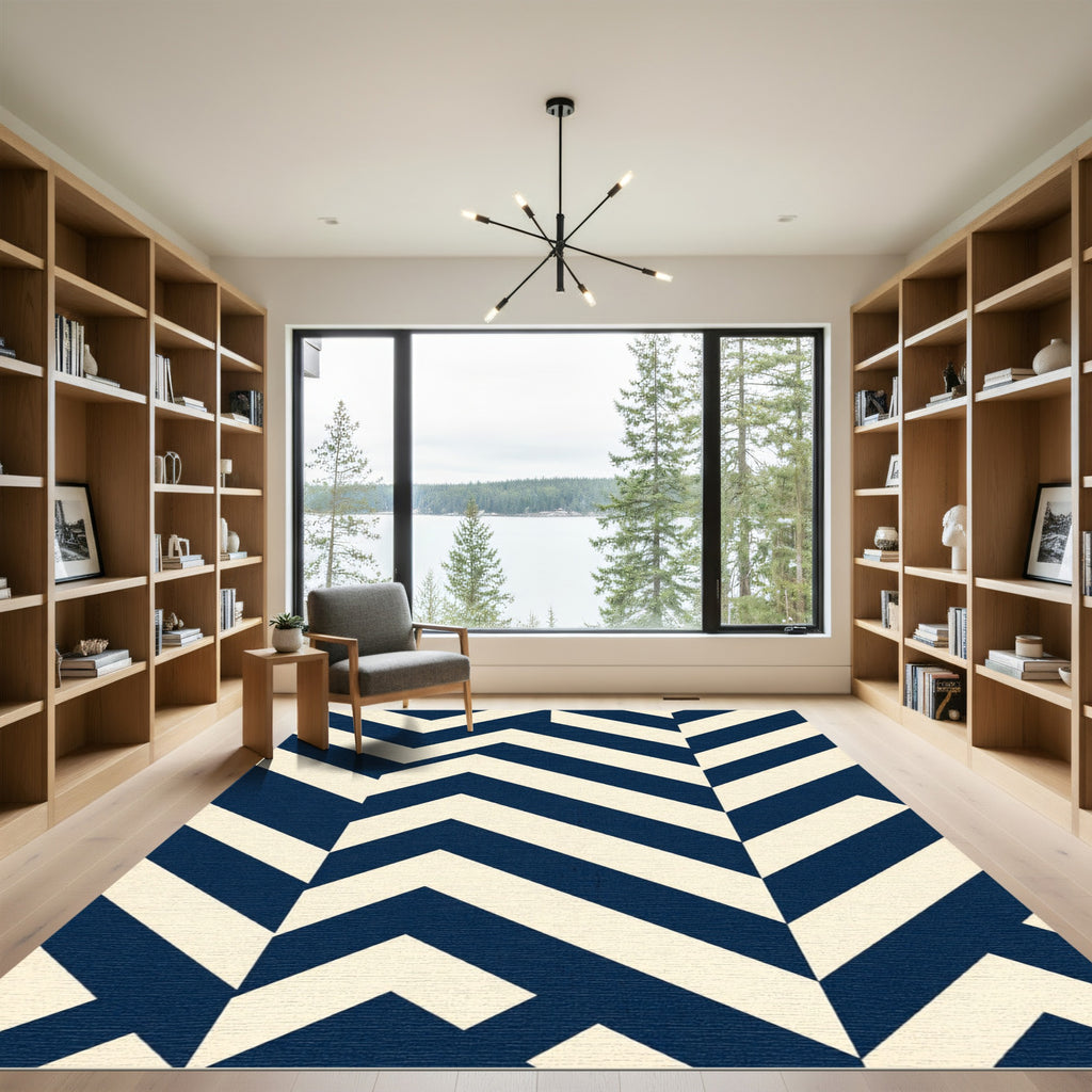 Navy Blue Geometric Chevron Zigzag Rug