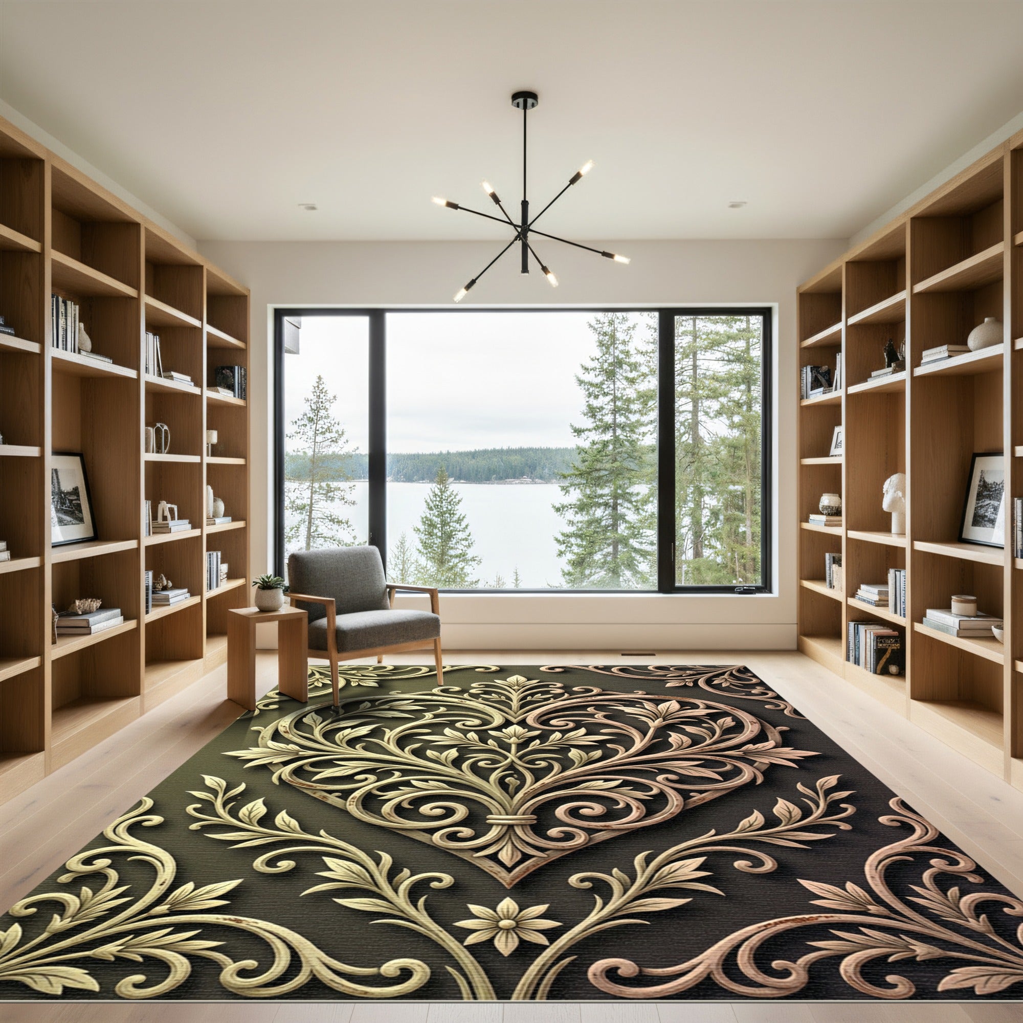 Ornate Golden Heart Floral Damask Rug