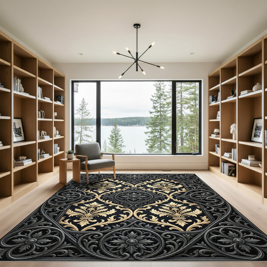 Ornate Black Gold Damask Filigree Rug