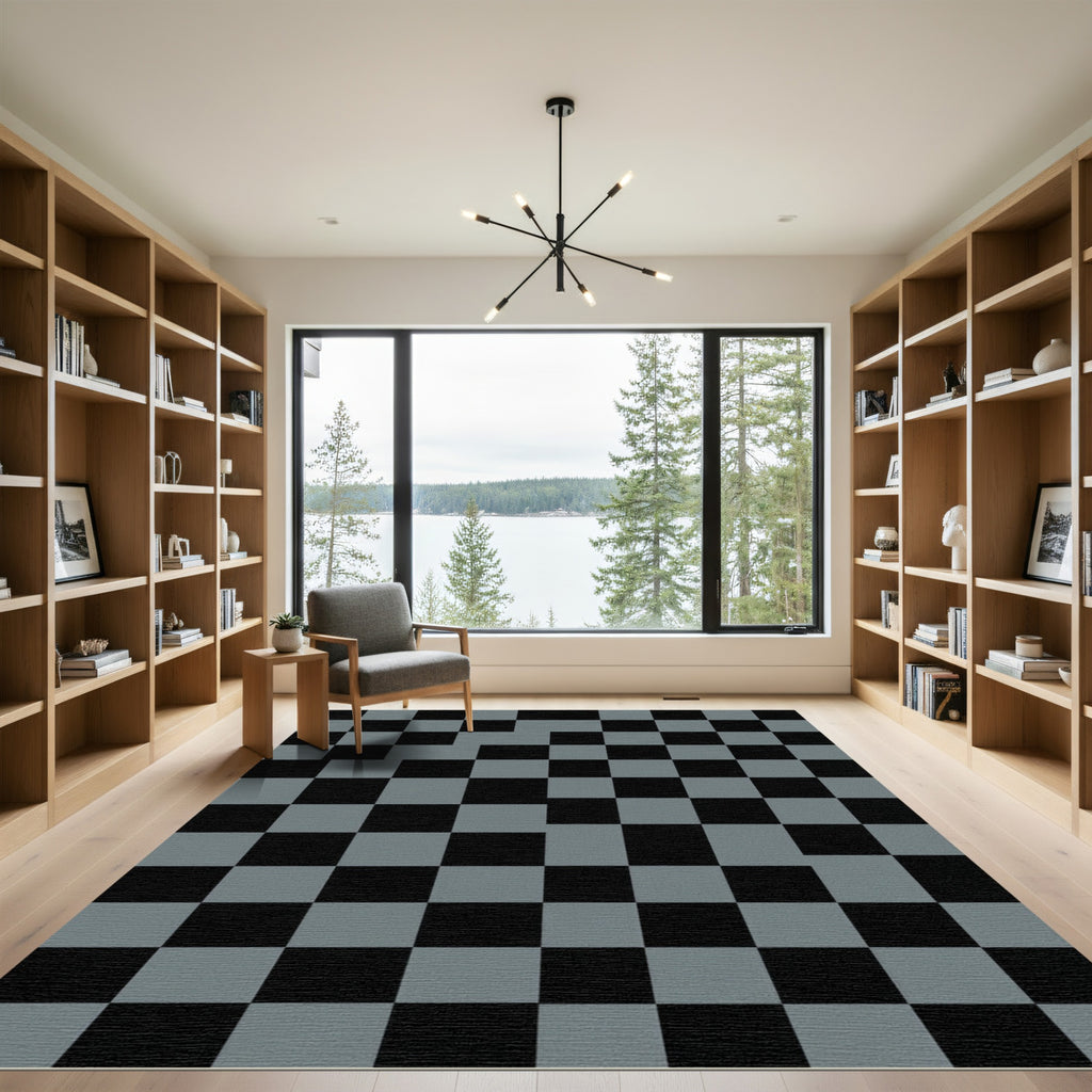 Minimalist Charcoal Grey Checkerboard Grid Rug