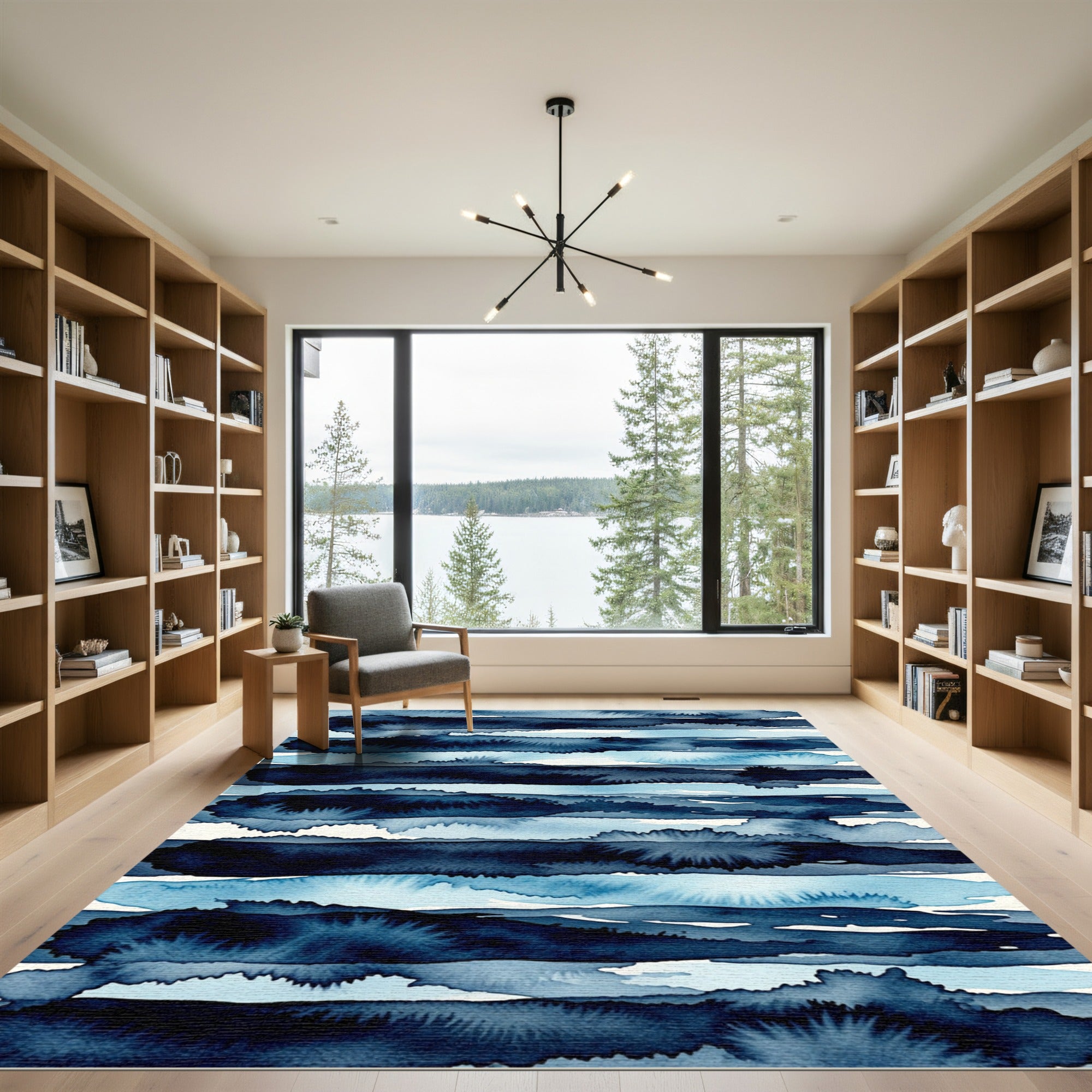 Abstract Indigo Watercolor Horizontal Stripe Rug
