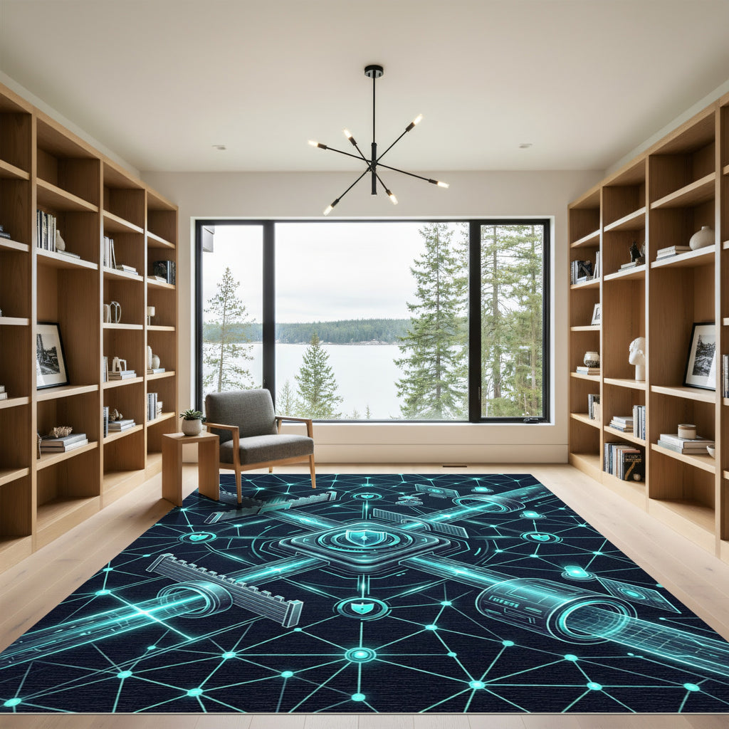 Cyber Neon Shield Geometric Network Matrix Rug