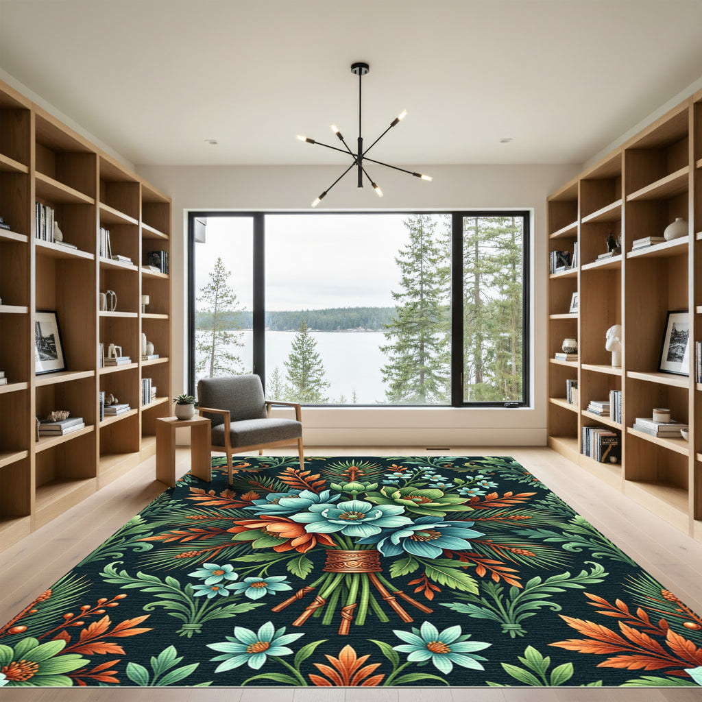 Botanical Teal Orange Pine Bouquet Rug