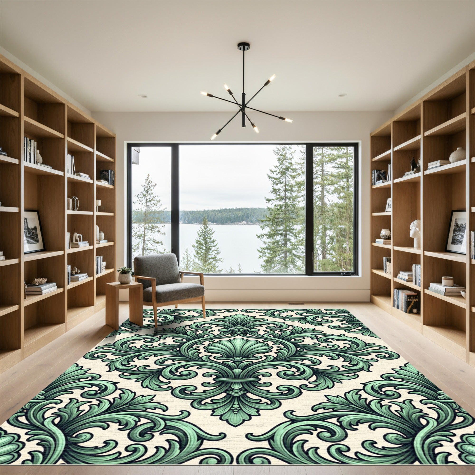 Sage Green Ornate Acanthus Shell Damask Rug