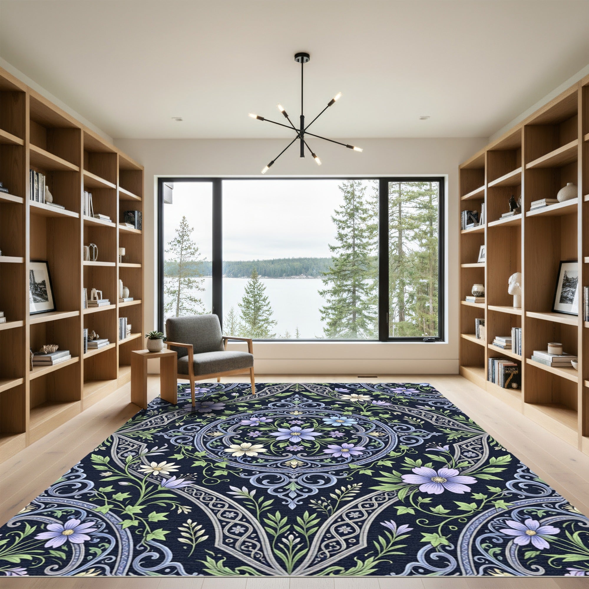 Elegant Floral Damask Navy Blue Medallion Rug