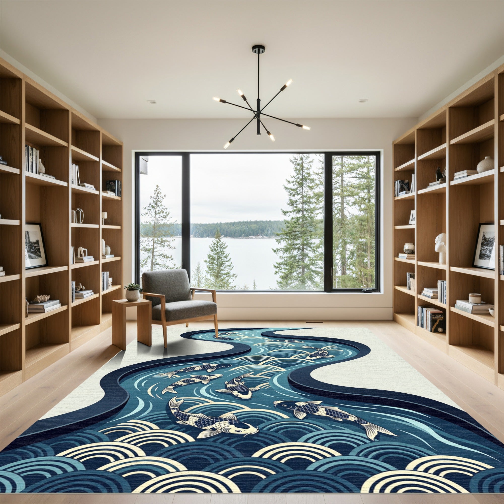 Indigo Zen Koi Wave River Rug