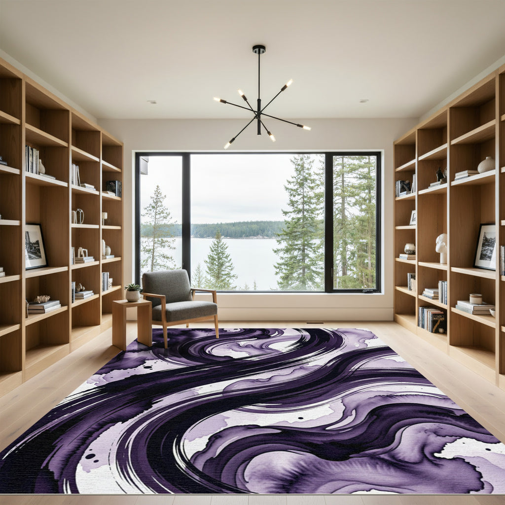 Deep Plum Ink Swirl Abstract Rug