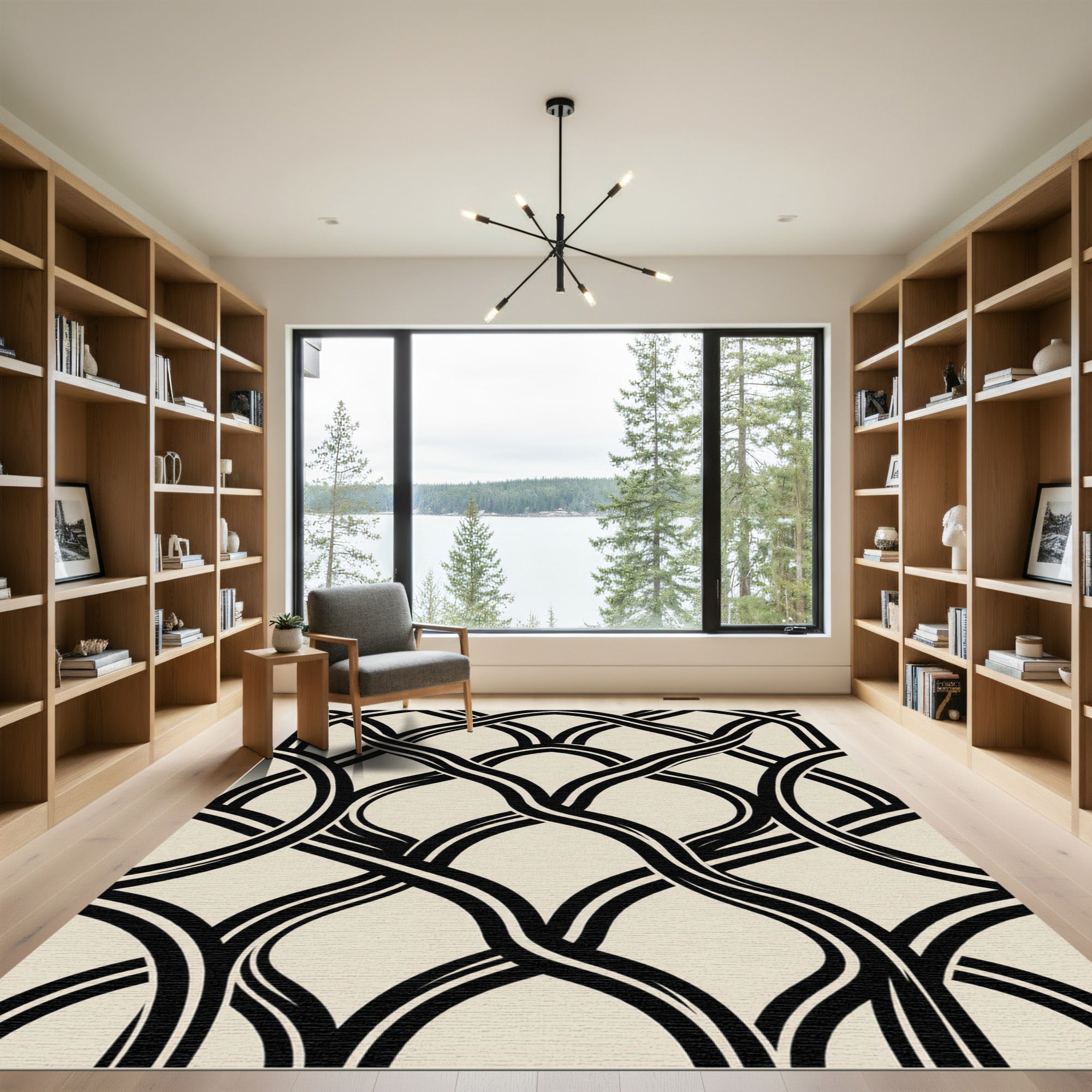 Abstract Black and Cream Intertwined Curve Rug