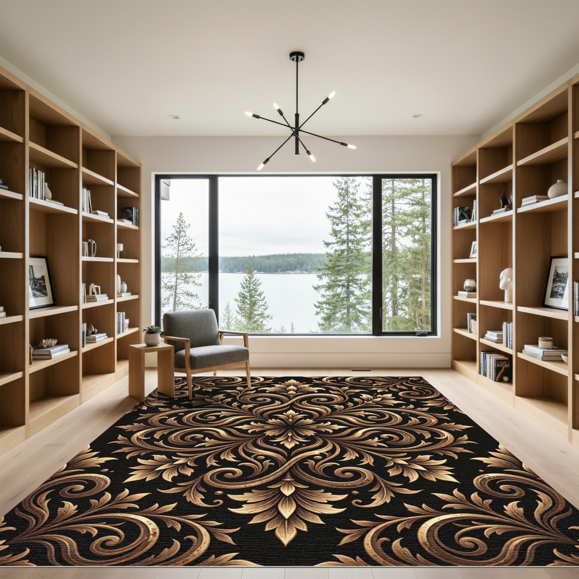 Elegant Gold Ornate Filigree Damask Rug