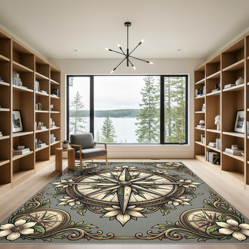 Elegant Floral Compass Gray Botanical Rug