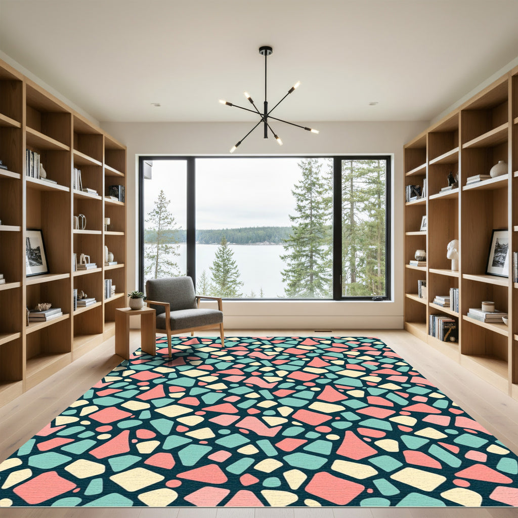 Mid-Century Teal Pink Cream Mosaic Terrazzo Rug