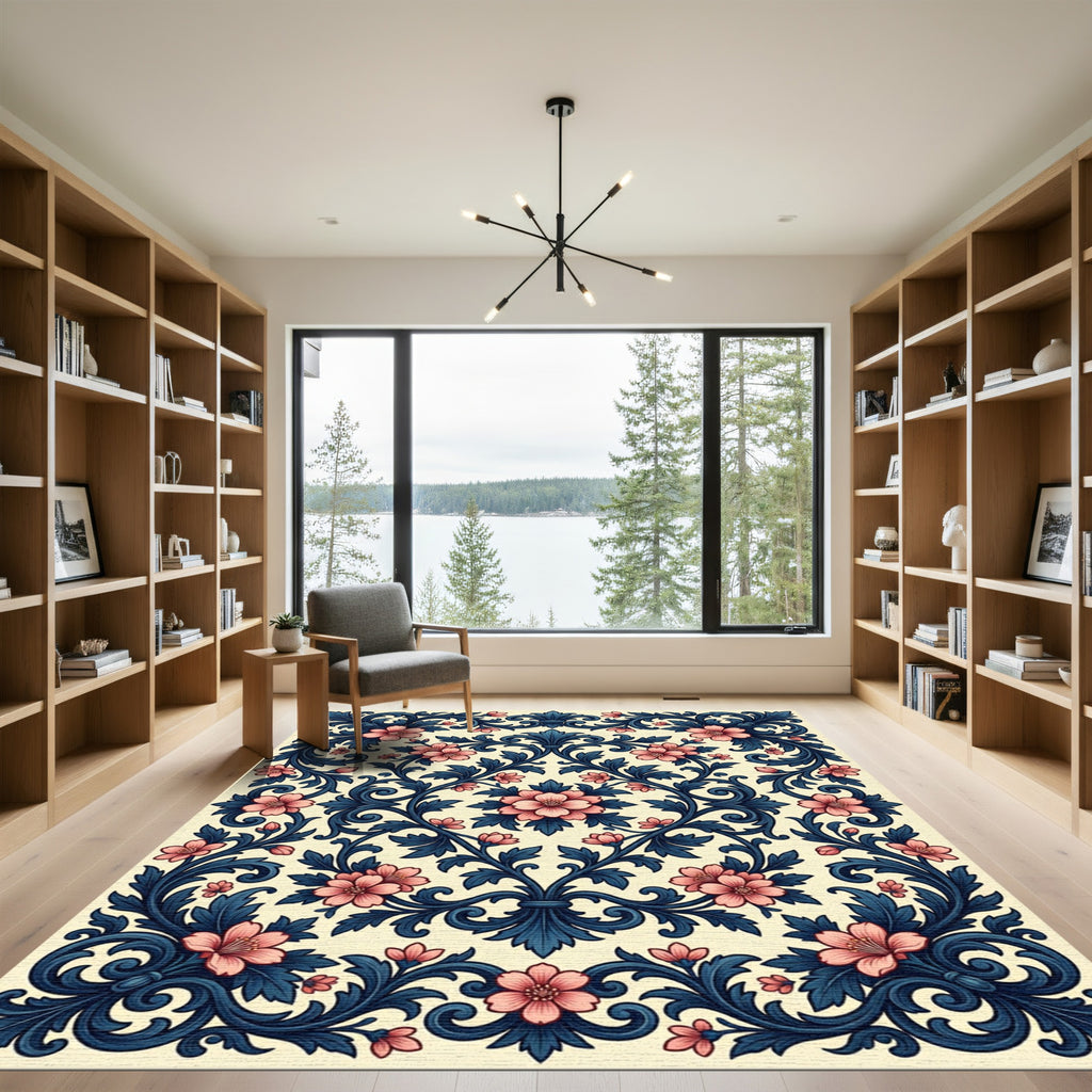 Elegant Navy Coral Floral Scrollwork Rug