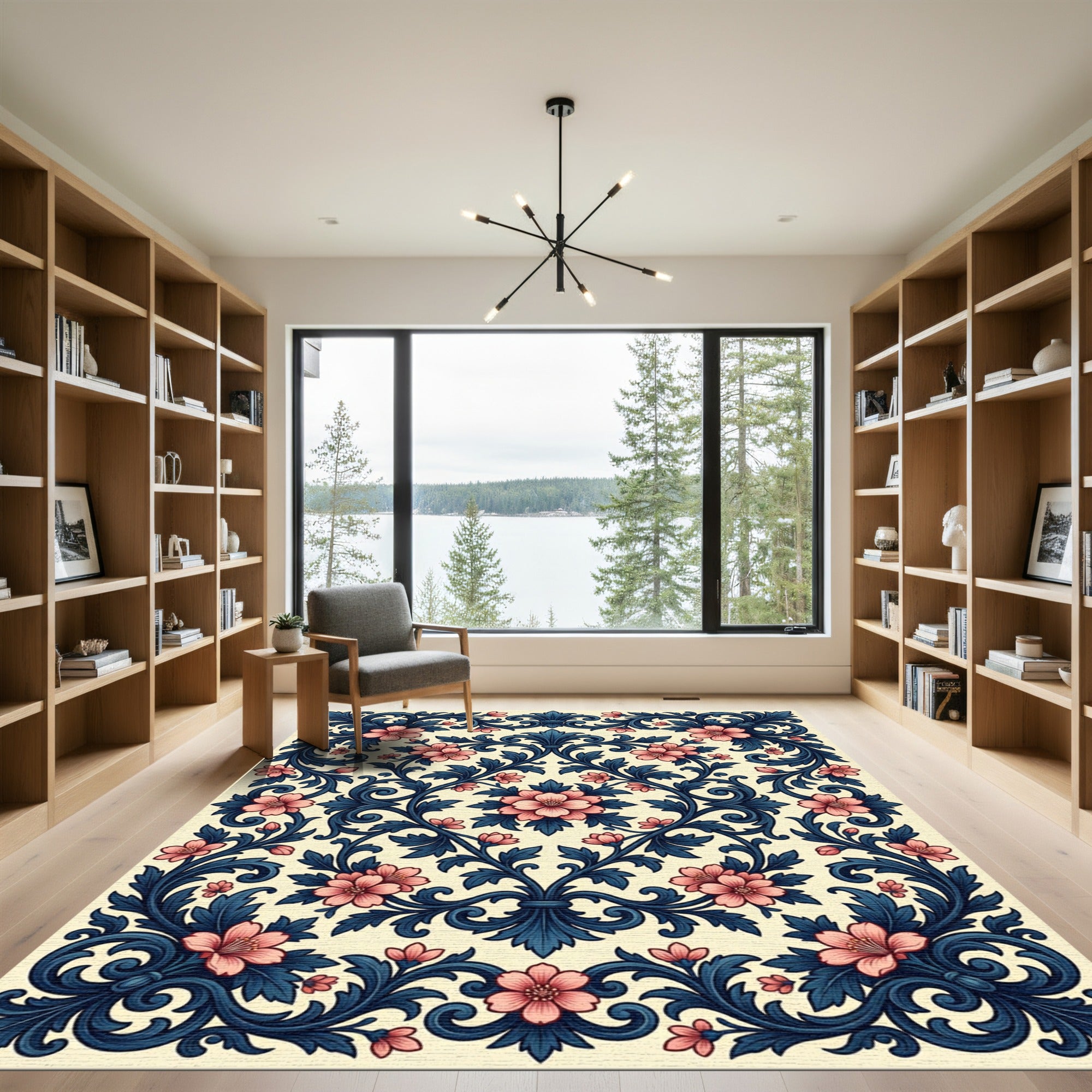 Elegant Navy Coral Floral Scrollwork Rug