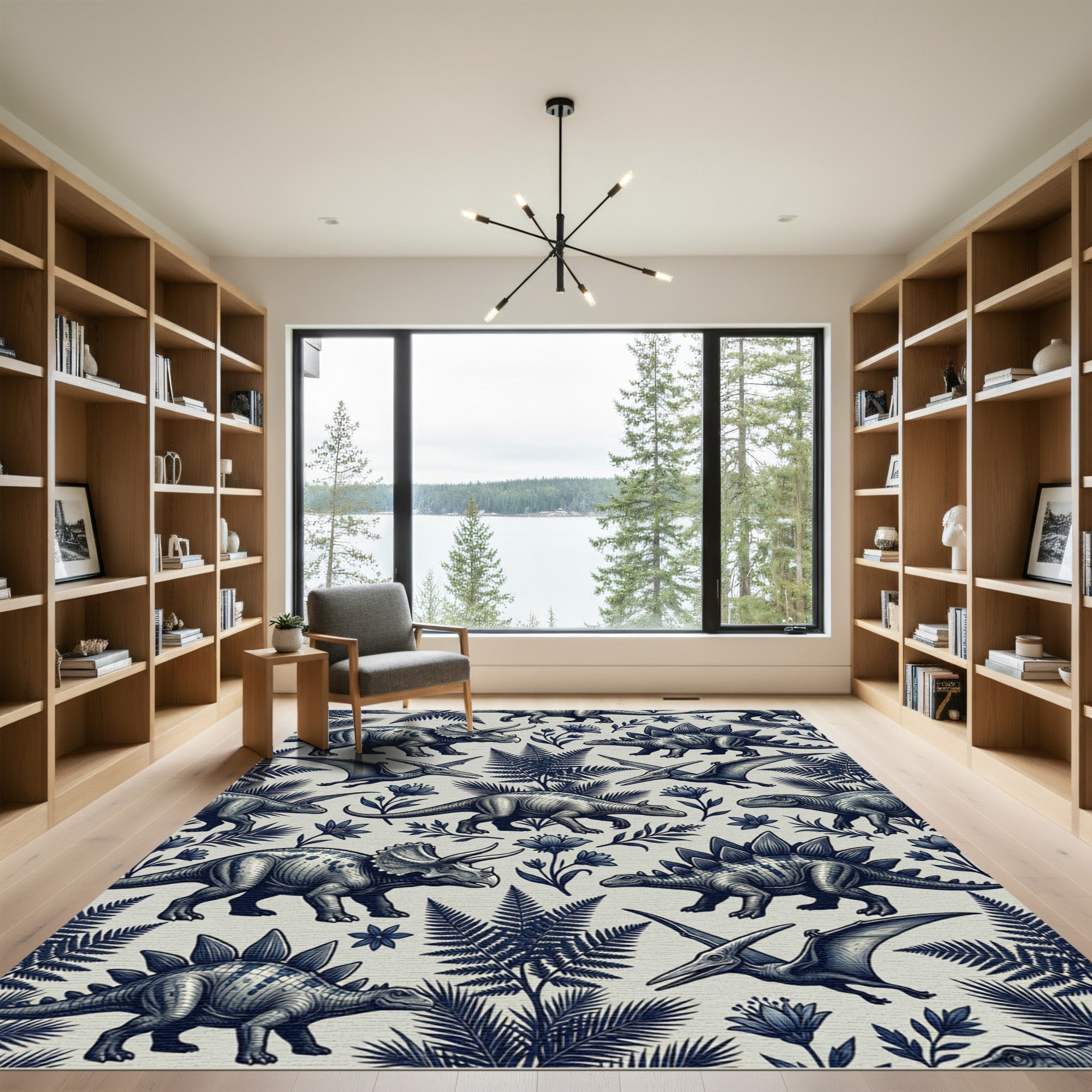 Vintage Navy Dinosaur Botanical Illustration Rug