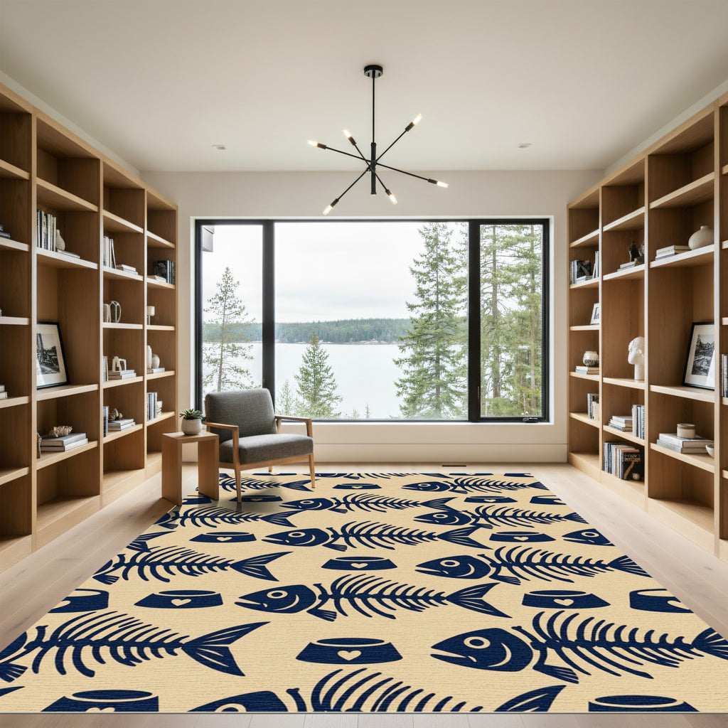 Navy Fish Skeleton Heart Bowl Tile Rug