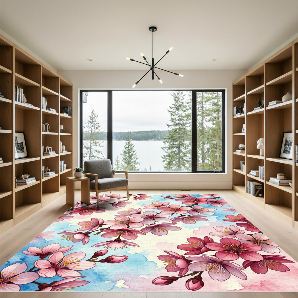 Blossoming Pink Cherry Branch Watercolor Rug