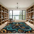 Steampunk Mechanical Octopus Teal Gear Art Rug