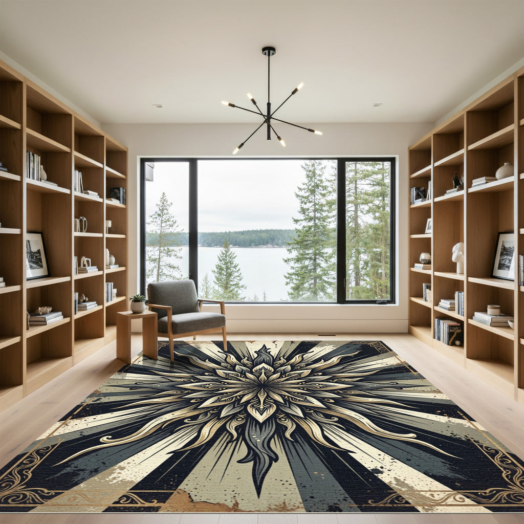 Golden Sunburst Ornate Monochrome Mandala Rug