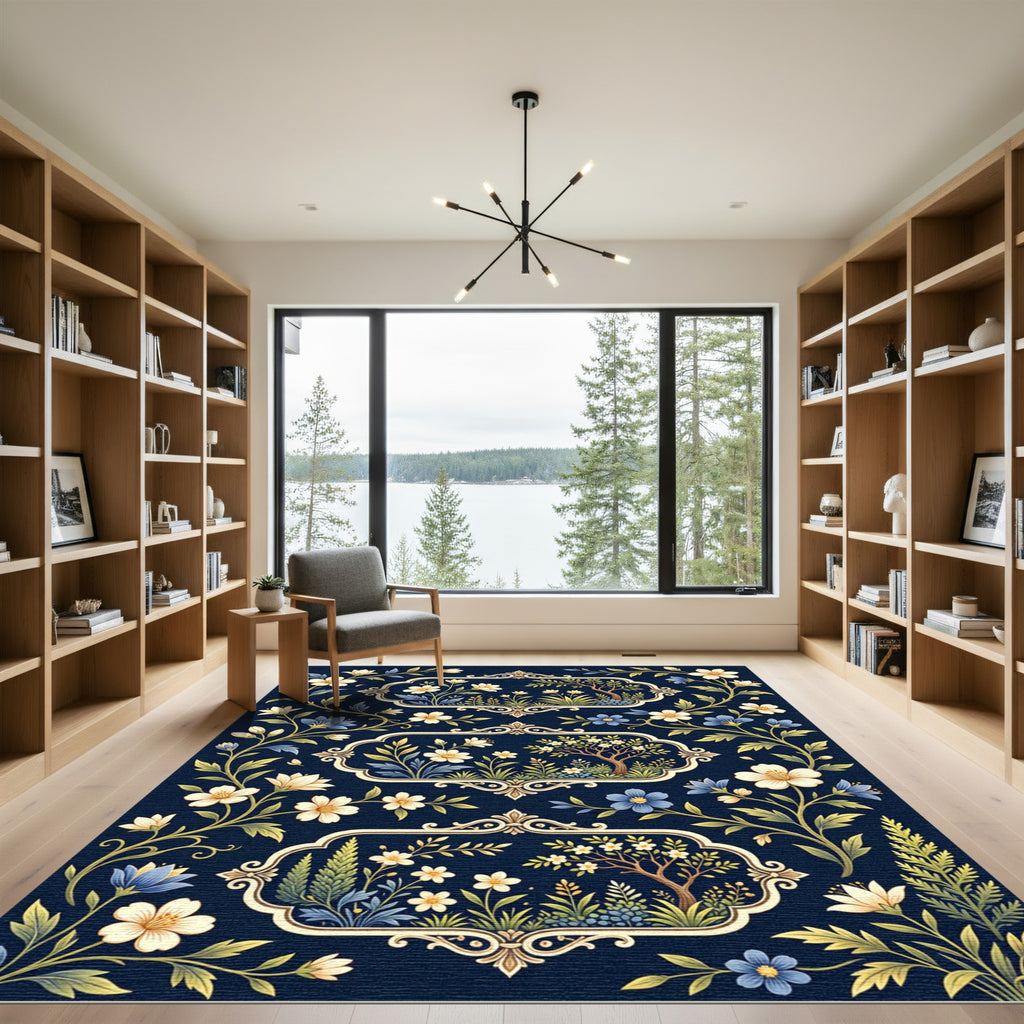 Elegant Navy Floral Frame Botanical Rug
