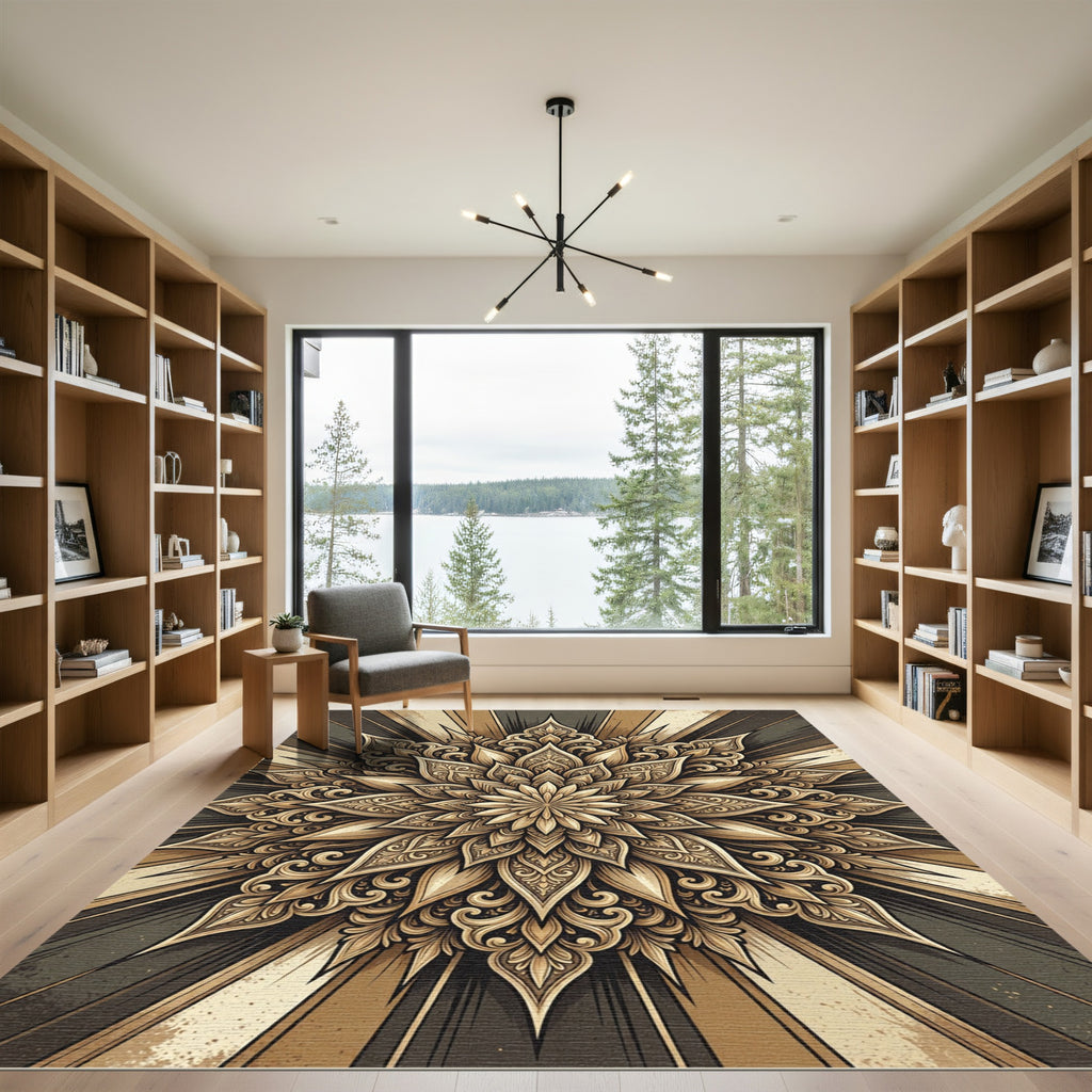 Golden Ornate Floral Sunburst Medallion Rug