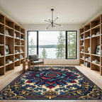 Crimson Blue Golden Floral Scroll Rug