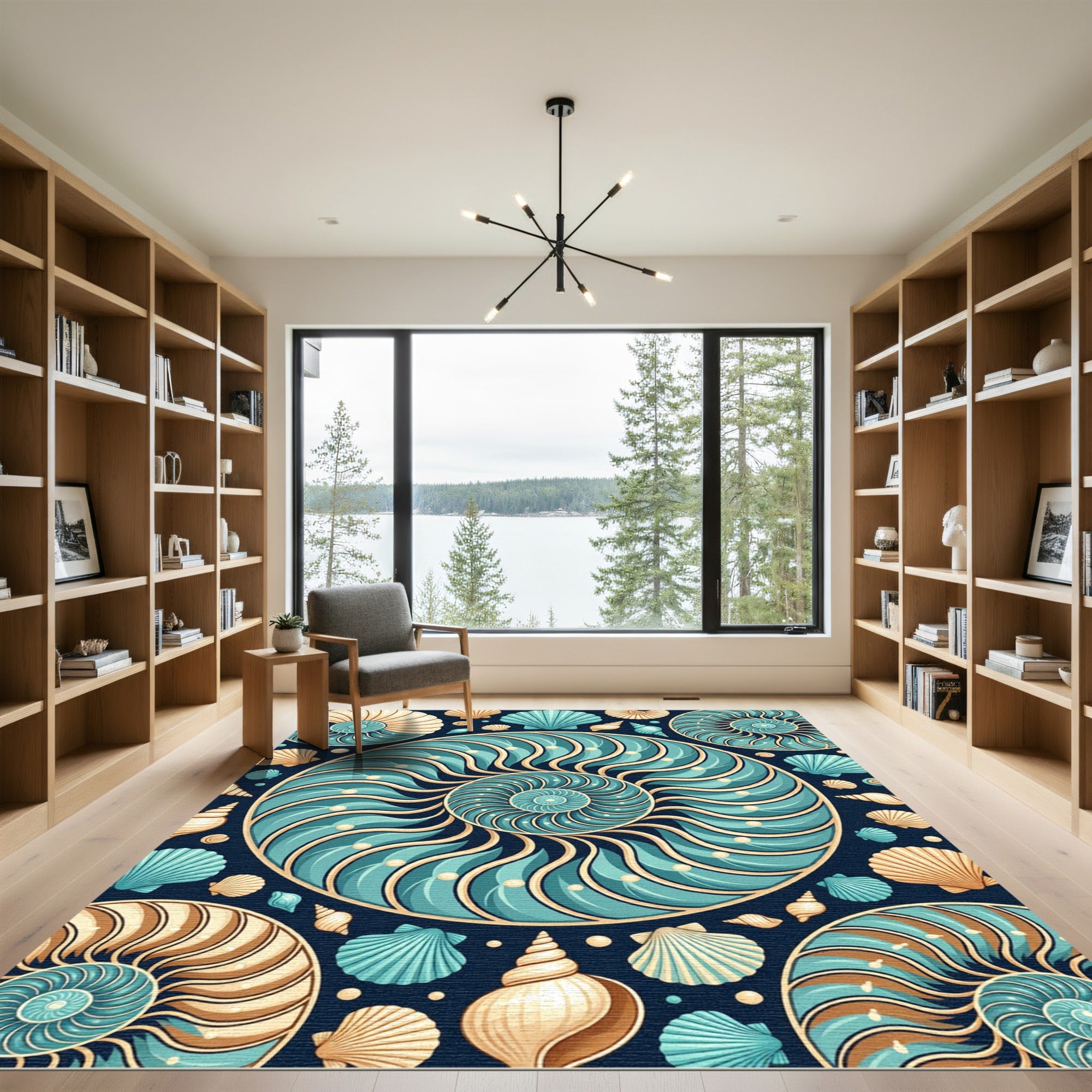 Teal Ocean Nautilus Shell Collage Rug