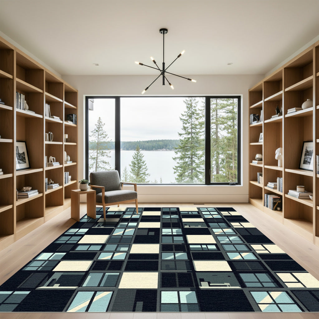 Modern Monochrome Geometric Grid Block Rug