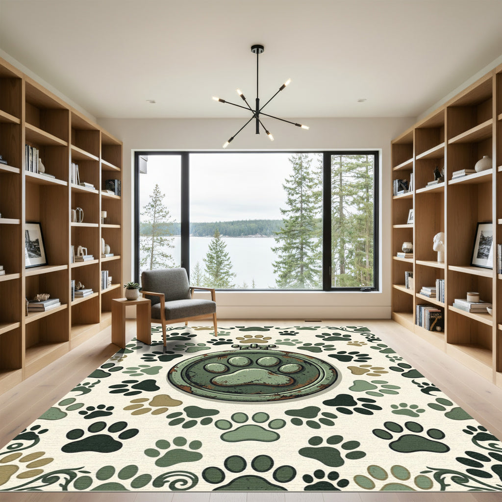 Distressed Military Green Paw Medallion Rug