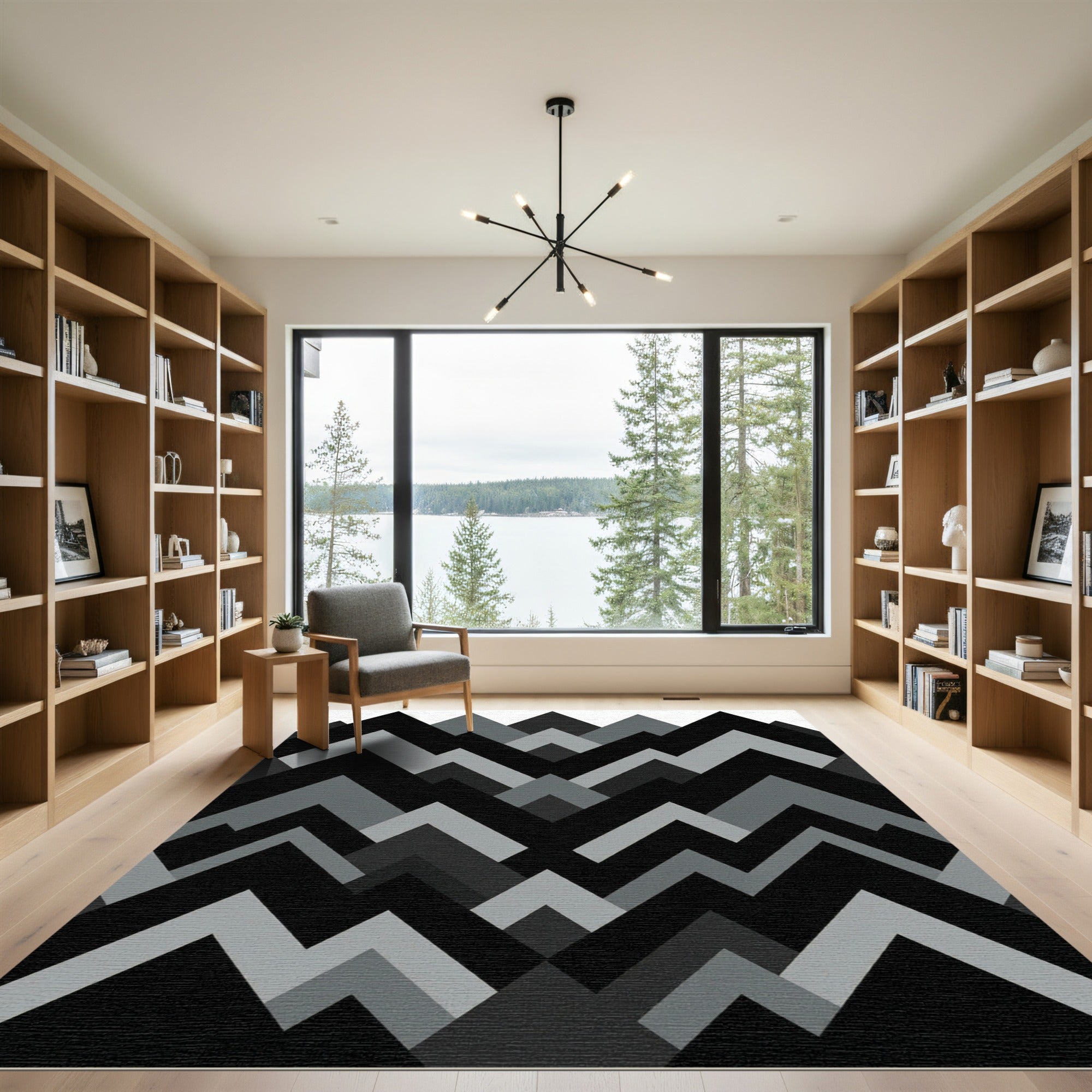 Modern Monochrome Gray Geometric Chevron Rug