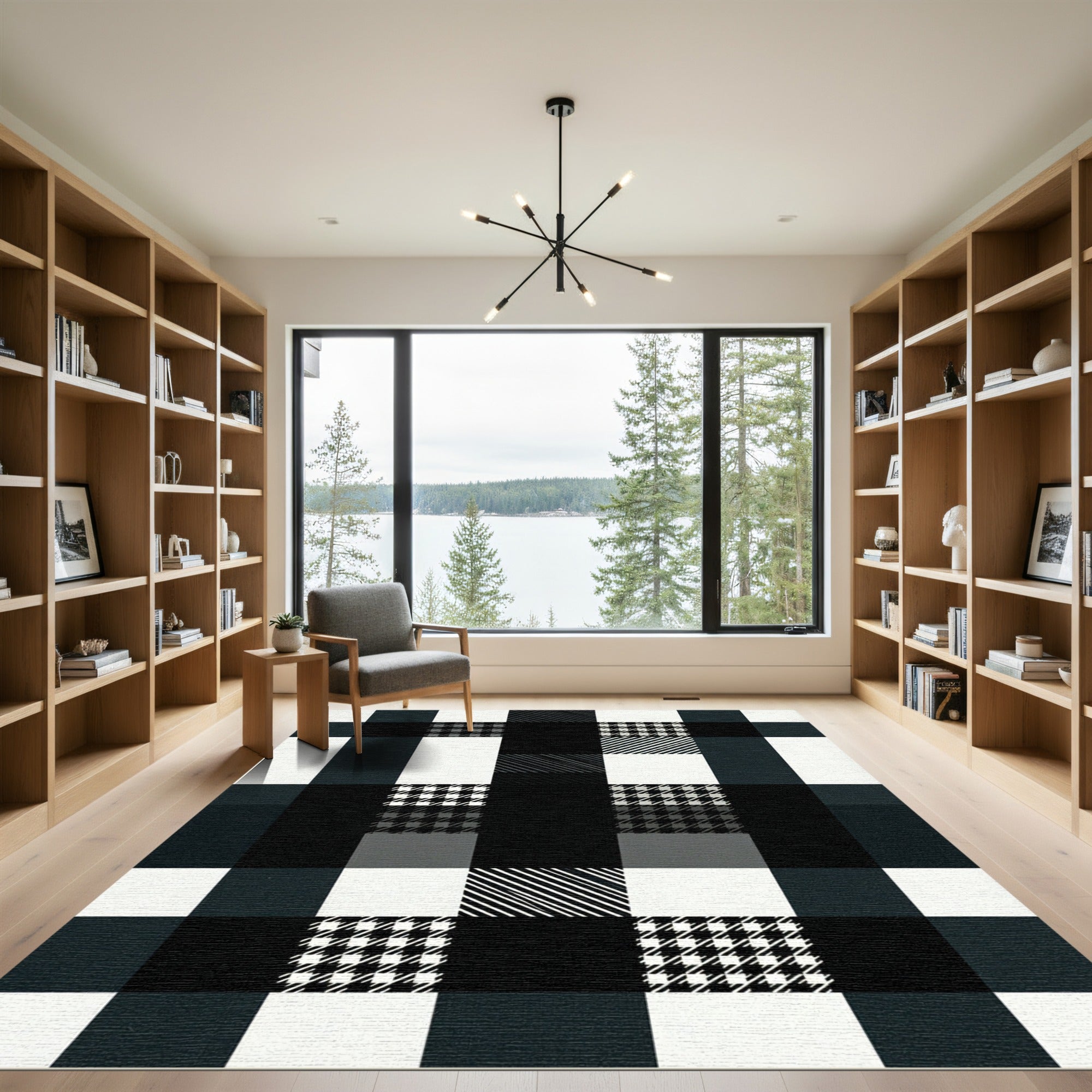 Modern Black and White Plaid Mix Rug