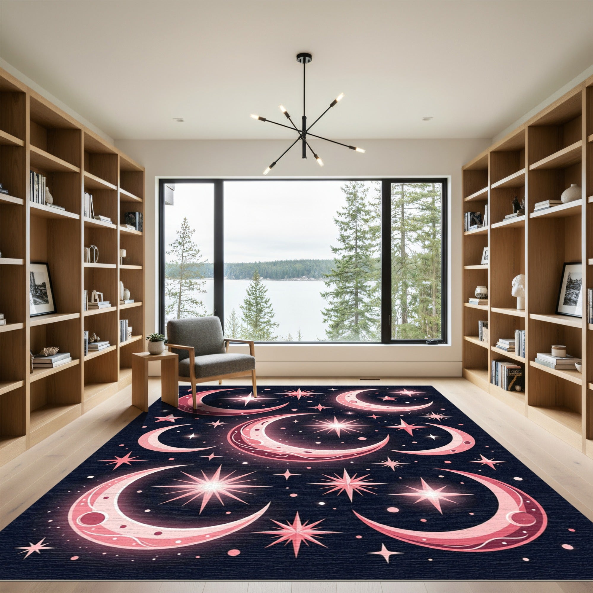 Pink Celestial Crescent Moon Star Rug