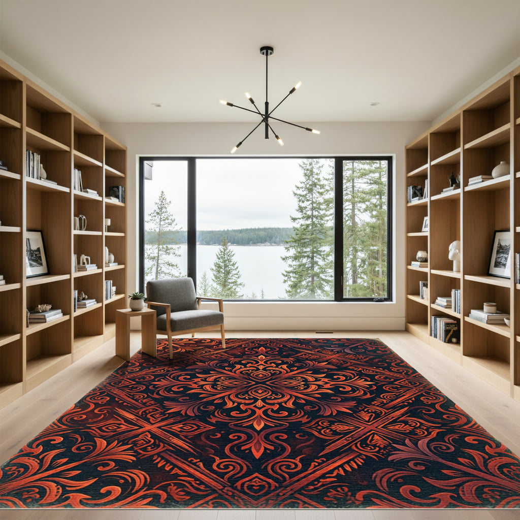 Ornate Fire Orange Floral Intricate Rug