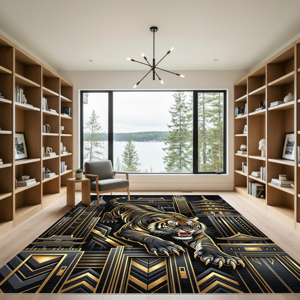 Bold Black Gold Tiger Cityscape Rug