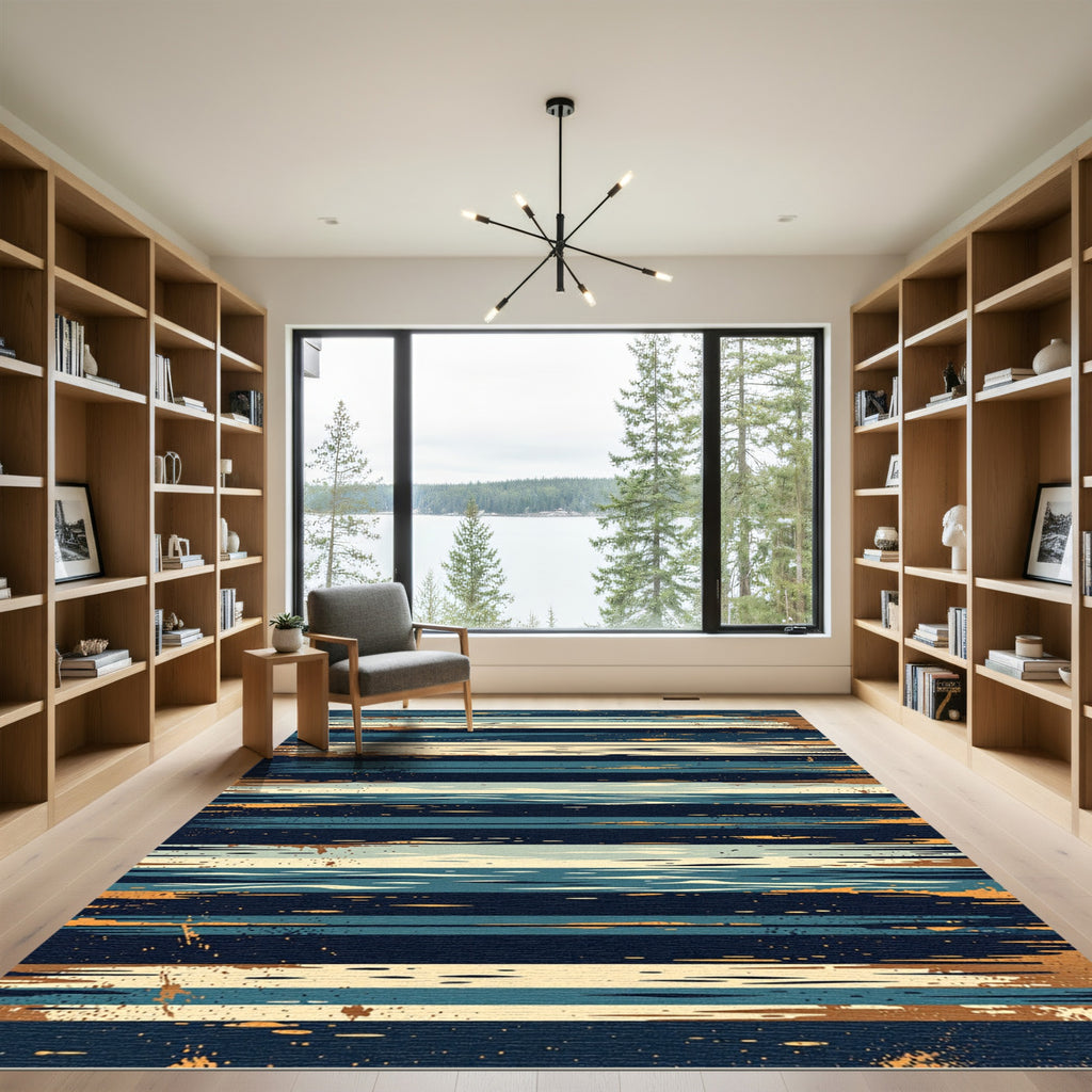 Abstract Navy and Golden Striped Horizon Rug