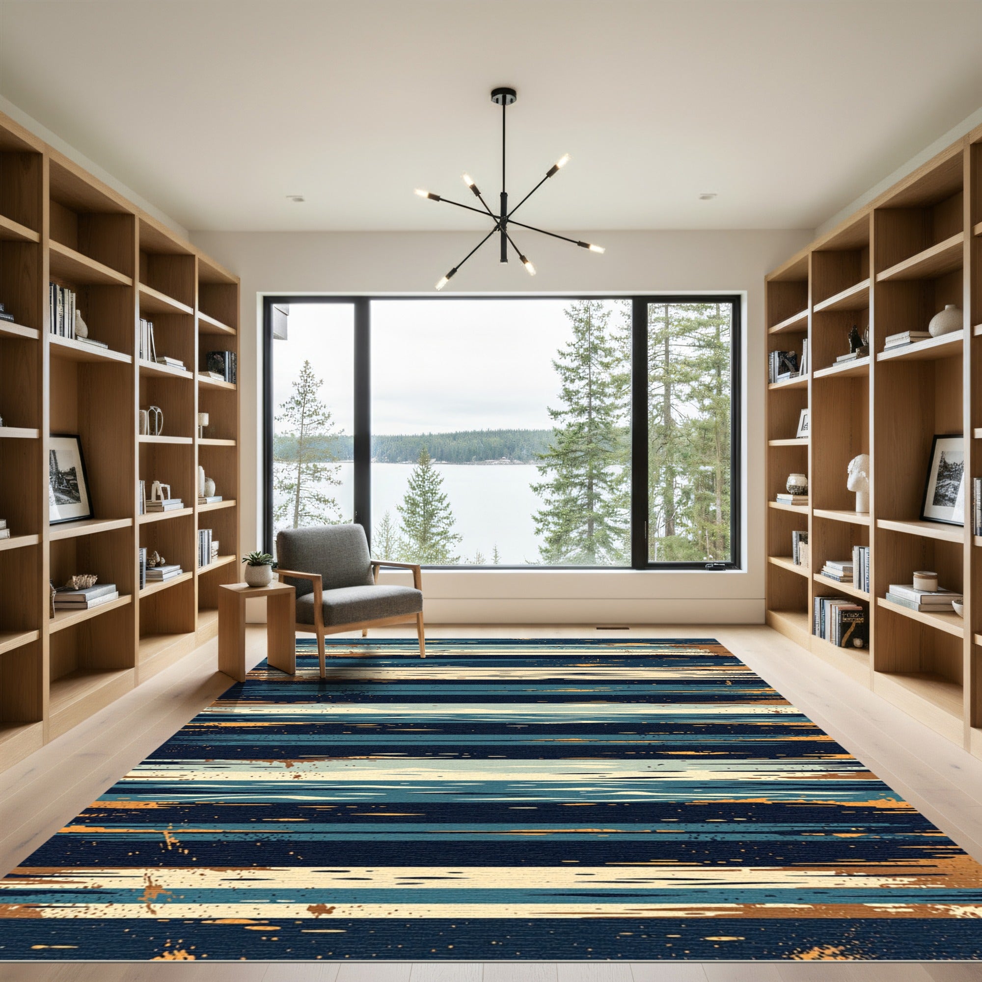 Abstract Navy and Golden Striped Horizon Rug