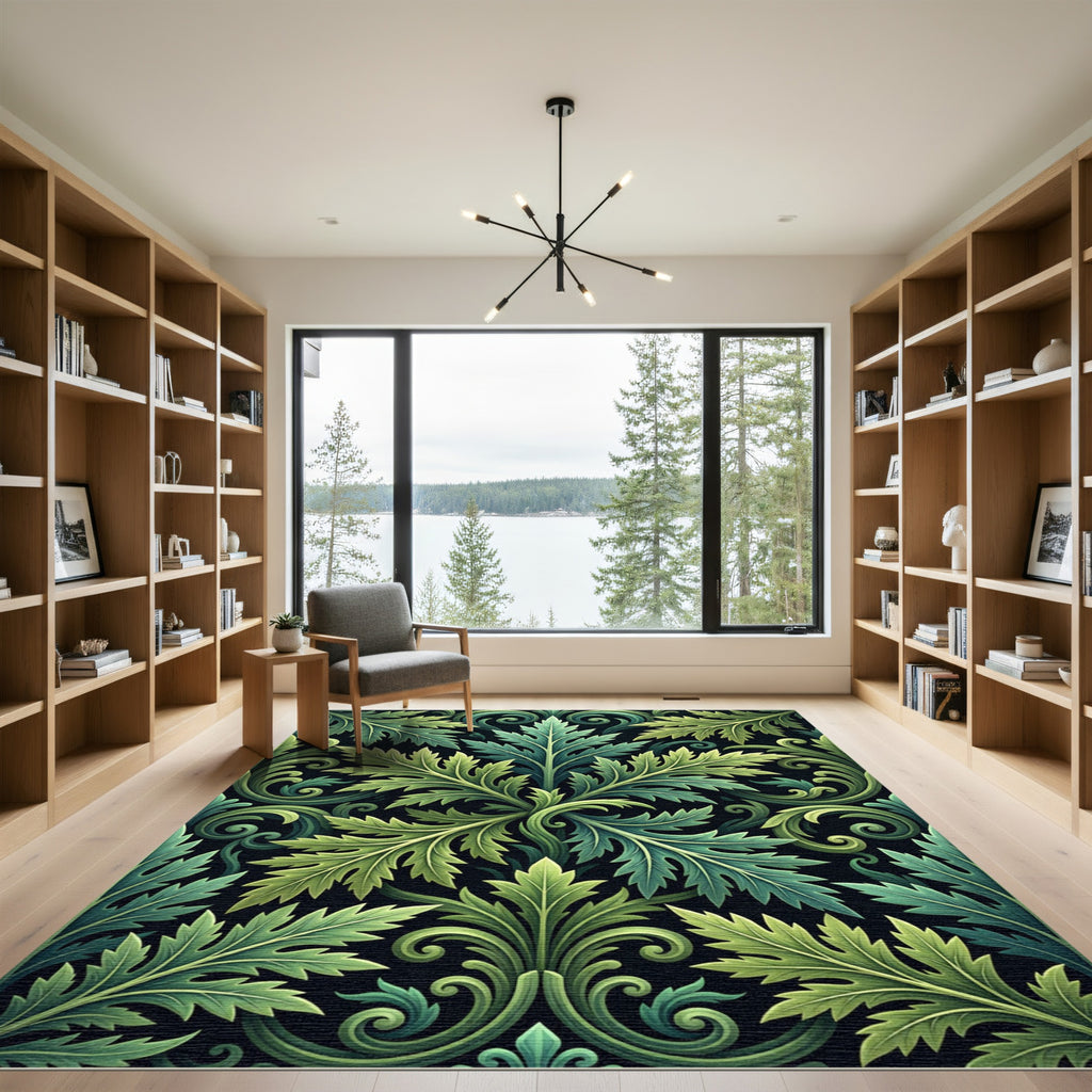 Emerald Botanical Scroll Leaf Art Rug