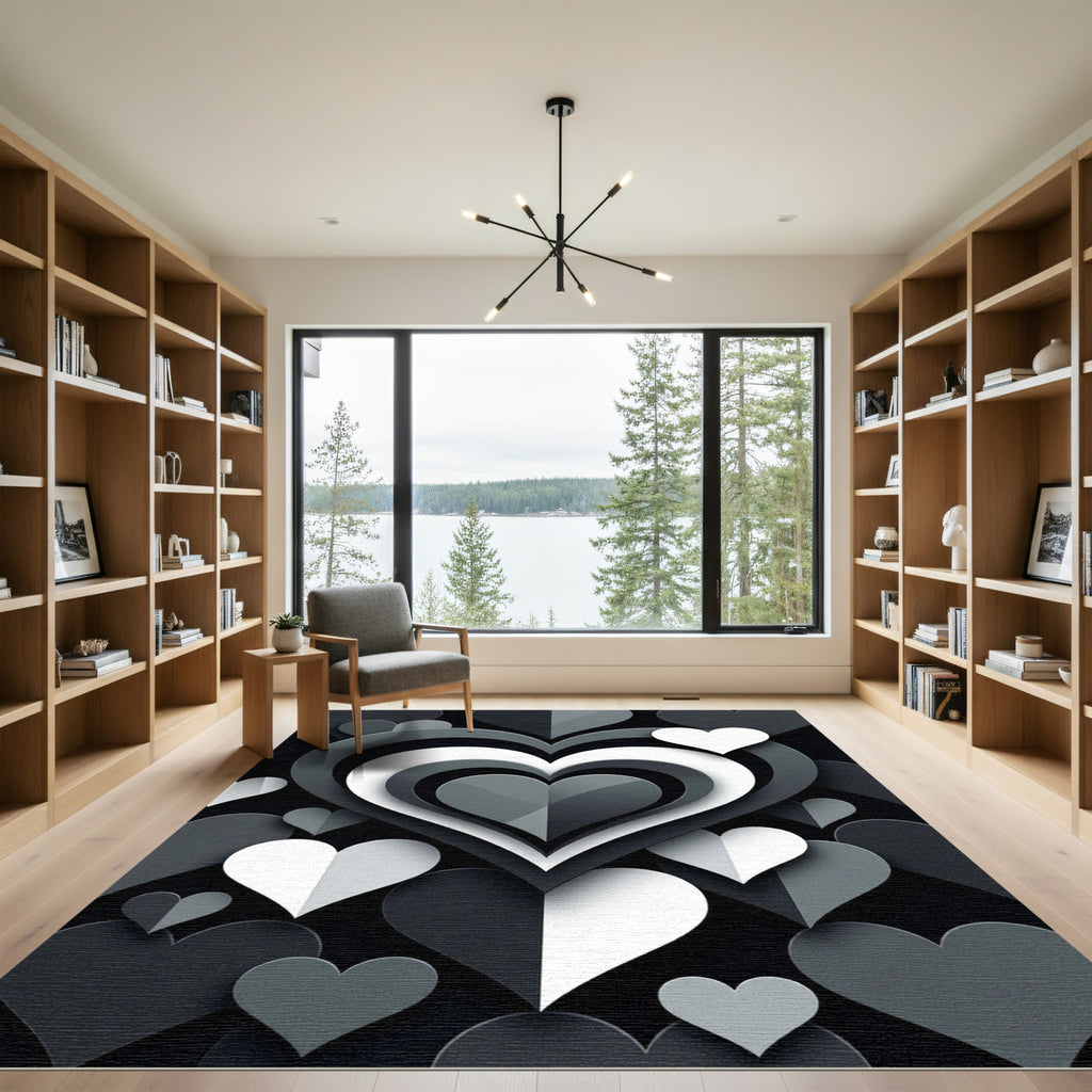 Monochrome Layered Heart Abstract Rug