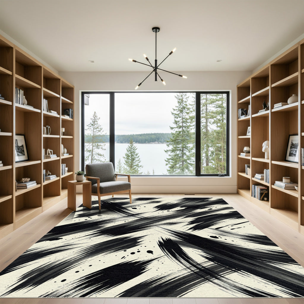 Dynamic Monochrome Abstract Brush Stroke Art Rug