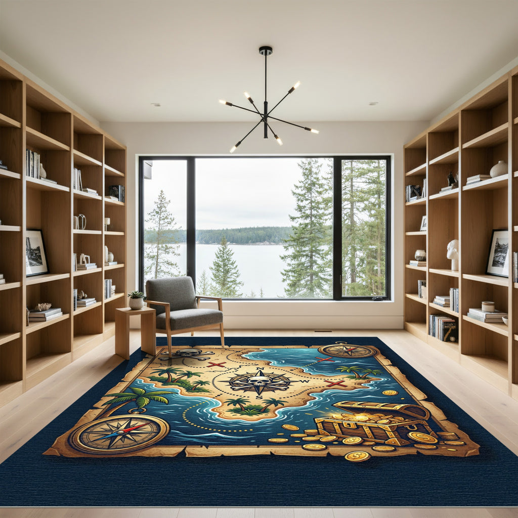 Aged Pirate Map Skull Treasure Chest Rug